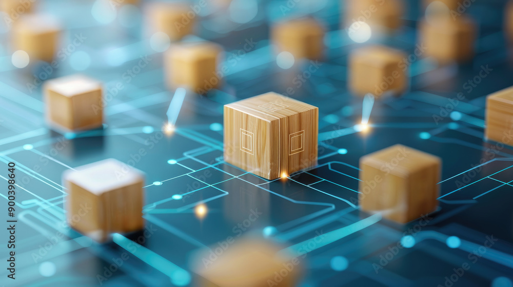 Poster explore a flat design illustration featuring wooden blocks and network nodes, ideal for conveying bu