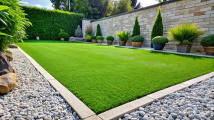 Vibrant green artificial grass lawn with precise blades and subtle texture, surrounded by neatly manicured white garden edging stones.
