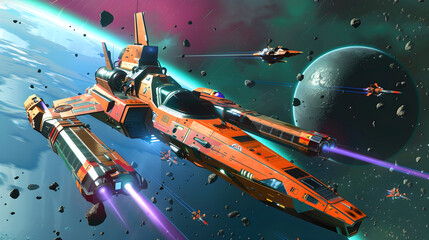 Obraz premium Two futuristic spaceships compete in a high-speed race through space, representing rival factions.