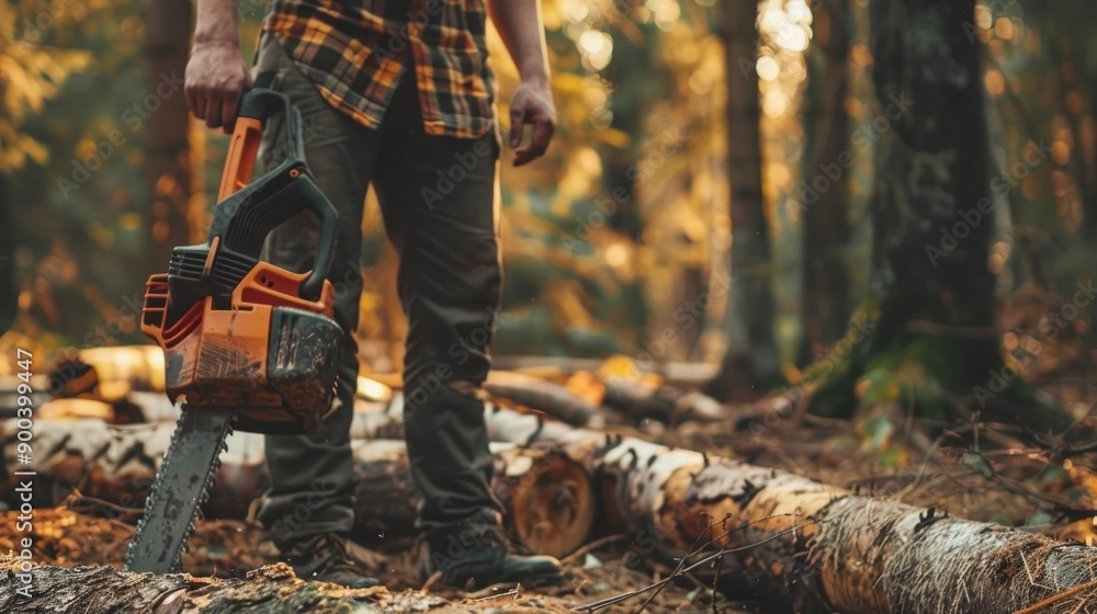 Wall mural a man is holding a chainsaw in a forest