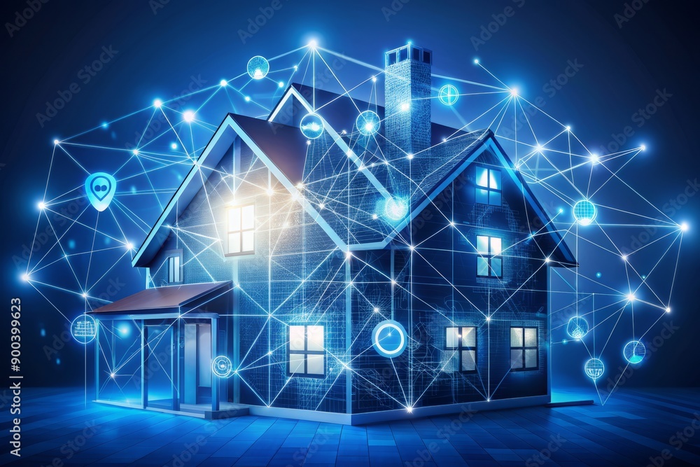 Poster a futuristic building made of digits and wires, connected to icons of smart home devices, illustrate