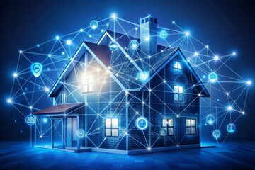 Naklejka premium A futuristic building made of digits and wires, connected to icons of smart home devices, illustrates intelligent control and automation on a calming blue background.