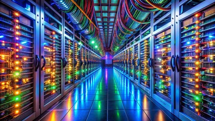 Obraz premium High-tech network server room filled with rows of humming machines, colorful cables, and blinking LED lights, illuminating a dimly lit, state-of-the-art data storage facility.