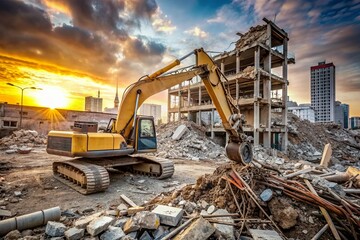 Fototapeta premium Frustrated construction site with a wrecked excavator, scattered tools, and broken concrete, conveying a sense of anger and chaos amidst unfinished urban development.
