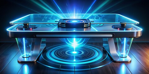 Sleek futuristic console with holographic display and advanced gadgets emits radiant blue light, symbolizing innovation and expertise in a modern digital landscape.