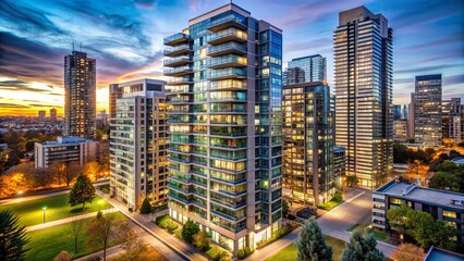 Naklejka premium Contemporary high-rise apartment building stands proud amidst urban landscape, showcasing sleek architecture during daytime and radiant city lights at dusk and nighttime.