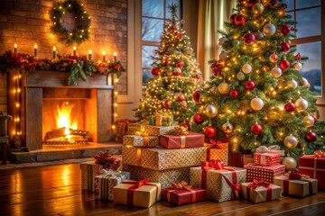 Joyful Christmas Eve scene featuring beautifully decorated living room with lit trees, stacked gift boxes, and warm festive ambiance, perfect for holiday celebrations.