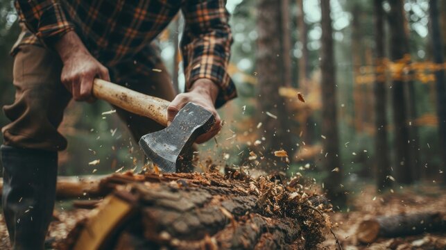 A man is chopping wood with an axe