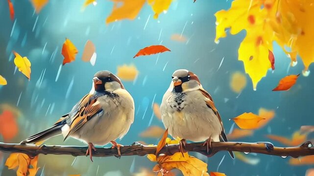 natural panoramic photo with little funny birds and Chicks sitting on a branch in summer garden in the rain