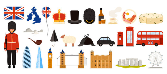 Travel to Great Britain Kingdom, London set. Landmarks, food and culture symbols and stickers collection with flag and map, telephone booth and guard, queen crown, whisky cartoon vector illustration © Flash Vector
