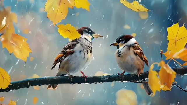 natural panoramic photo with little funny birds and Chicks sitting on a branch in summer garden in the rain