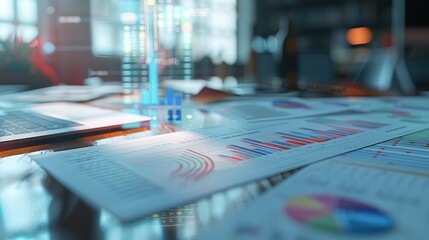 financial documents with holographic overlays, illustrating business reports.