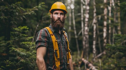 Fototapeta premium A man with a yellow helmet and safety harness stands in a forest