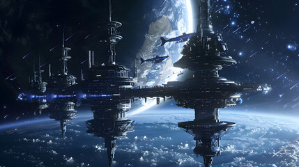 "Retrofuturistic space station with solar panels orbiting a distant planet in the galaxy."