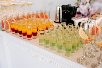 Close up cocktail bar table on a wedding reception