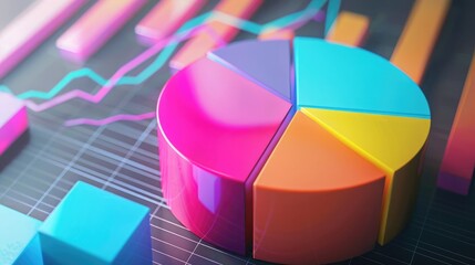 3D pie chart in a virtual space, symbolizing market share and financial analysis.