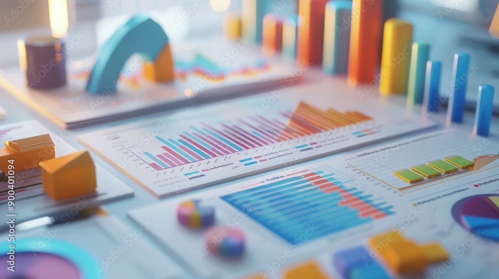 Poster 3d rendering of financial documents with interactive data, illustrating financial reporting.
