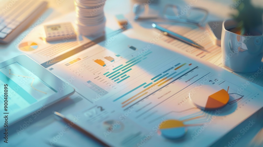 Poster 3d rendering of financial documents with interactive data, illustrating financial reporting.