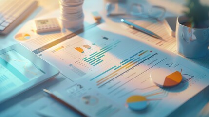 3D rendering of financial documents with interactive data, illustrating financial reporting.