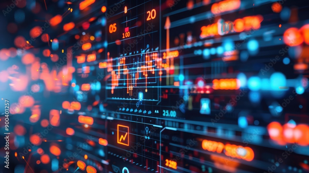 Poster 3d rendering of financial icons and data streams, highlighting a digital financial network.