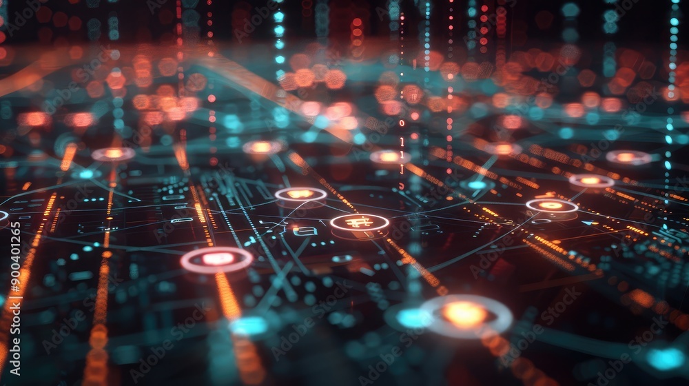 Poster 3d rendering of financial icons and data streams, highlighting a digital financial network.