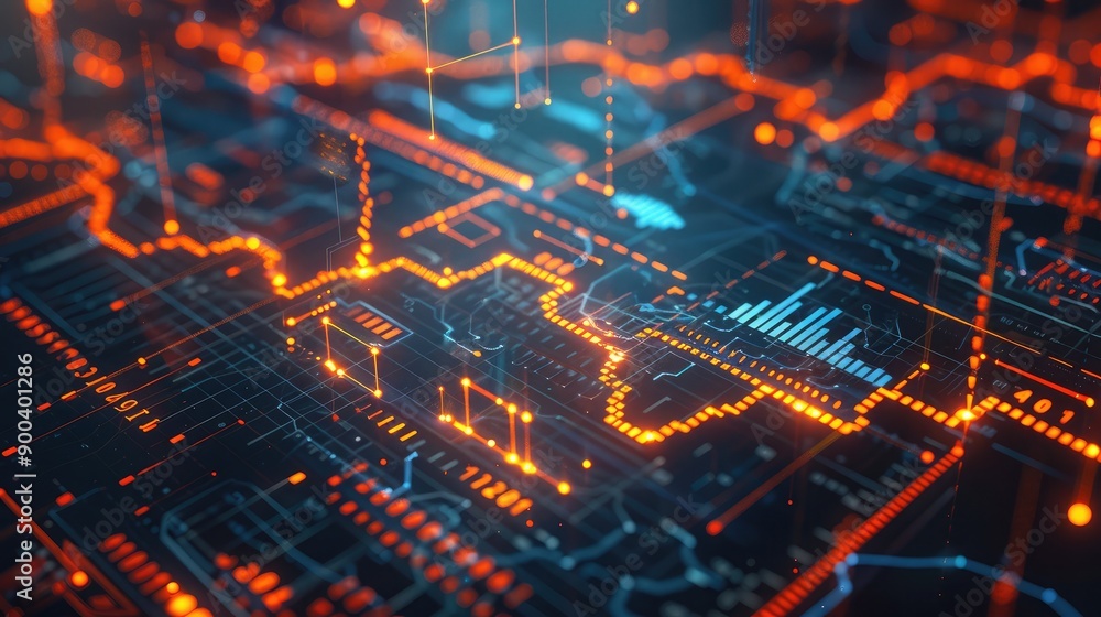 Poster 3d rendering of financial icons and data streams, highlighting a digital financial network.