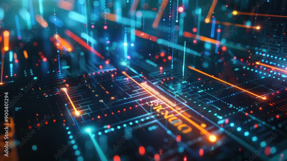 Poster 3d rendering of financial icons and data streams, highlighting a digital financial network.