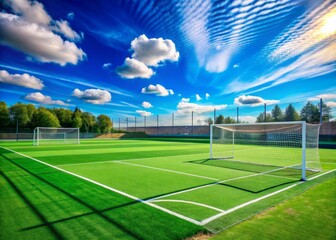 Vibrant green soccer field with white lines, goals, and nets, ready for a kids' match, surrounded by empty bleachers under a sunny blue sky.