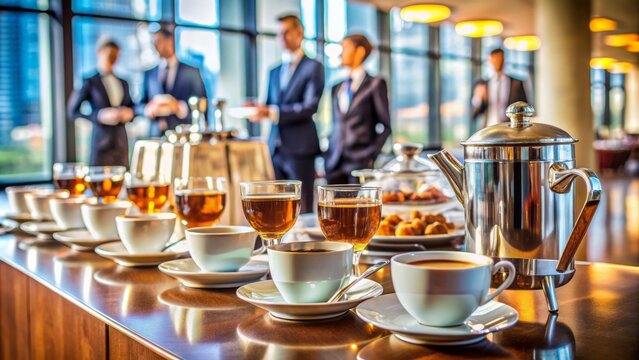 Freshly brewed coffee and tea served on a elegantly set table with corporate event backdrop, showcasing a refined beverage service for business seminars.
