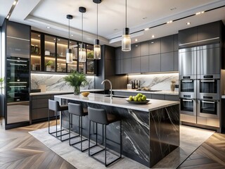 Fototapeta premium Luxurious modern kitchen features sleek handleless cabinets with black edges, black glass appliances, a stunning marble island, and exquisite marble countertops in a sophisticated ambiance.