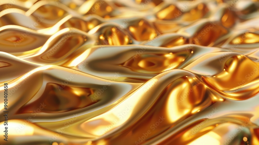 Poster 3d rendering of golden metallic waves, creating a sense of movement and wealth.