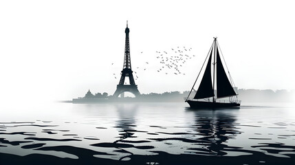 Minimalist Sailboat: Silhouette of a sailboat with the Eiffel Tower in the background on a white background.


