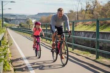 Deux cyclistes (un homme et une fillette) pratiquant le cyclotourisme sur piste cyclable au bord du canal de Bourgogne, &agrave; Dijon en C&ocirc;te d&rsquo;Or (France) portant casque en nature en course avec femme 