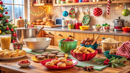 Naklejka premium Warmly lit kitchen scene with mixing bowls, utensils, and baking sheets filled with freshly baked cookies, surrounded by colorful decorations and sweet treats.