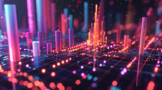 3D scatter plot in a virtual environment, representing business data analysis.