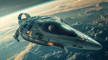 Fototapeta premium Retrofuturistic astronaut in silver suit examining surreal alien landscape in science fiction adventure.