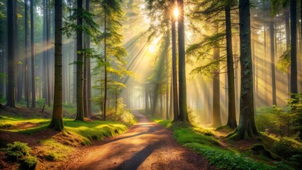 A serene and mystical forest scene featuring a winding dirt path surrounded by towering trees, enveloped in a misty veil with warm sunlight filtering through.