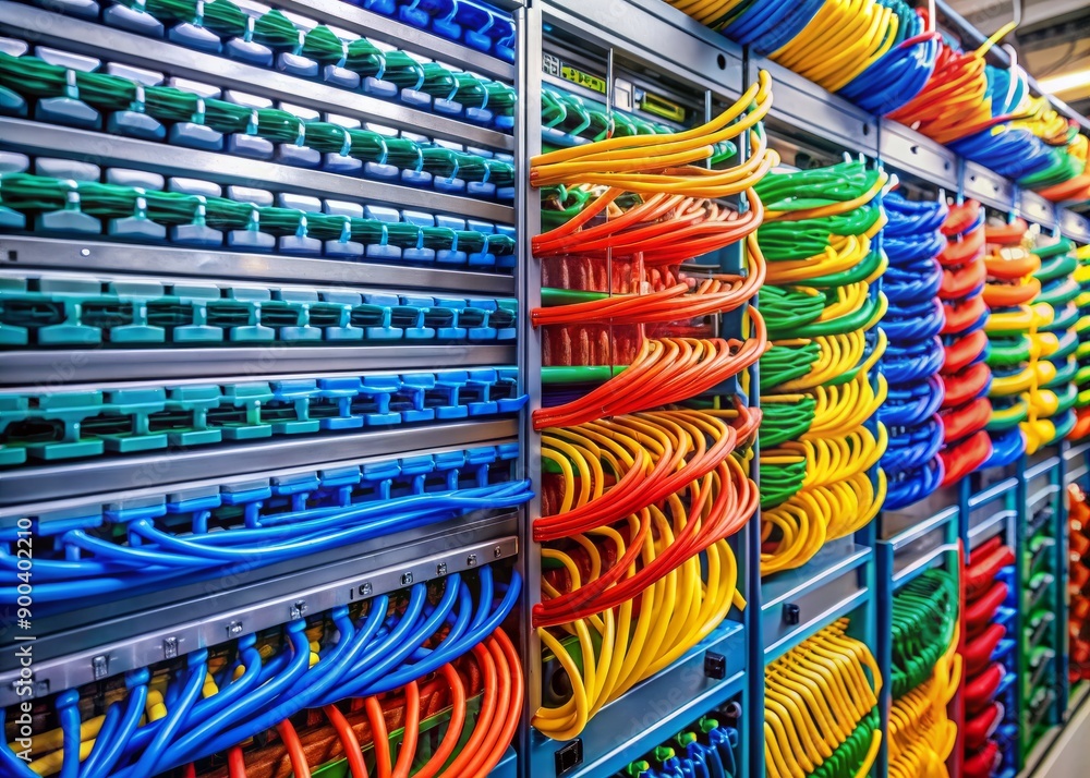 Poster a neatly organized bundle of colorful internet lan cables connects servers in a modern, high-tech se