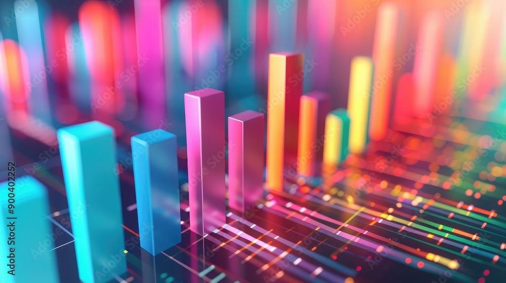 Poster abstract 3d bar graph with colorful segments, highlighting business metrics and kpis.