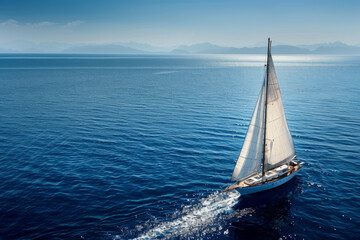 Fototapeta premium A sailboat with white sails glides across the tranquil blue ocean