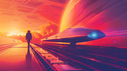 Space explorer in sleek retrofuturistic suit explores mysterious alien landscape with glowing crystals.