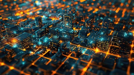 Abstract 3D city grid with financial overlays, highlighting urban business environments.