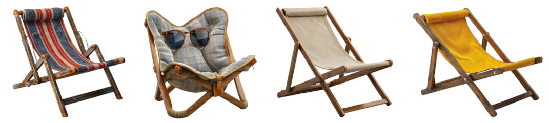 Set of 4 picnic beach chairs isolated on transparent background
