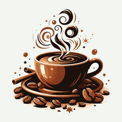 Obraz premium Elegant Steaming Coffee Cup Illustration with Coffee Beans, Cinnamon Sticks, and Decorative Swirls