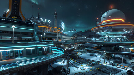 A retrofuturistic spaceport with glowing lights and bustling with activity in a futuristic setting.