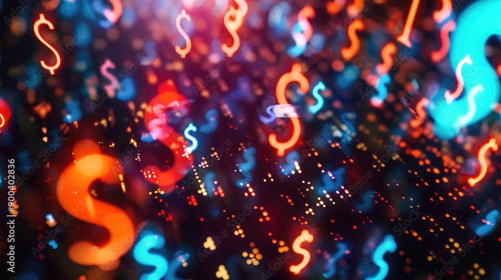 Poster abstract 3d financial background with glowing currency symbols floating in space.