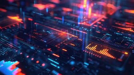 Abstract 3D financial dashboard with holographic data, symbolizing business intelligence.