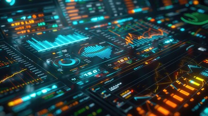 Obraz premium Abstract 3D financial dashboard with holographic data, symbolizing business intelligence.