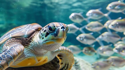 Turtle looking to the camera, followed by some silver fish