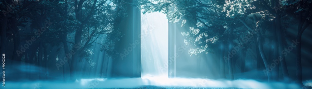 Poster a mysterious forest illuminated by soft blue light, creating an enchanting atmosphere that evokes wo